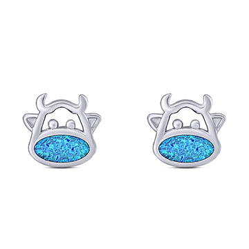 Cow Stud Earring Created Blue Opal Solid 925 Sterling Silver (8.8mm)